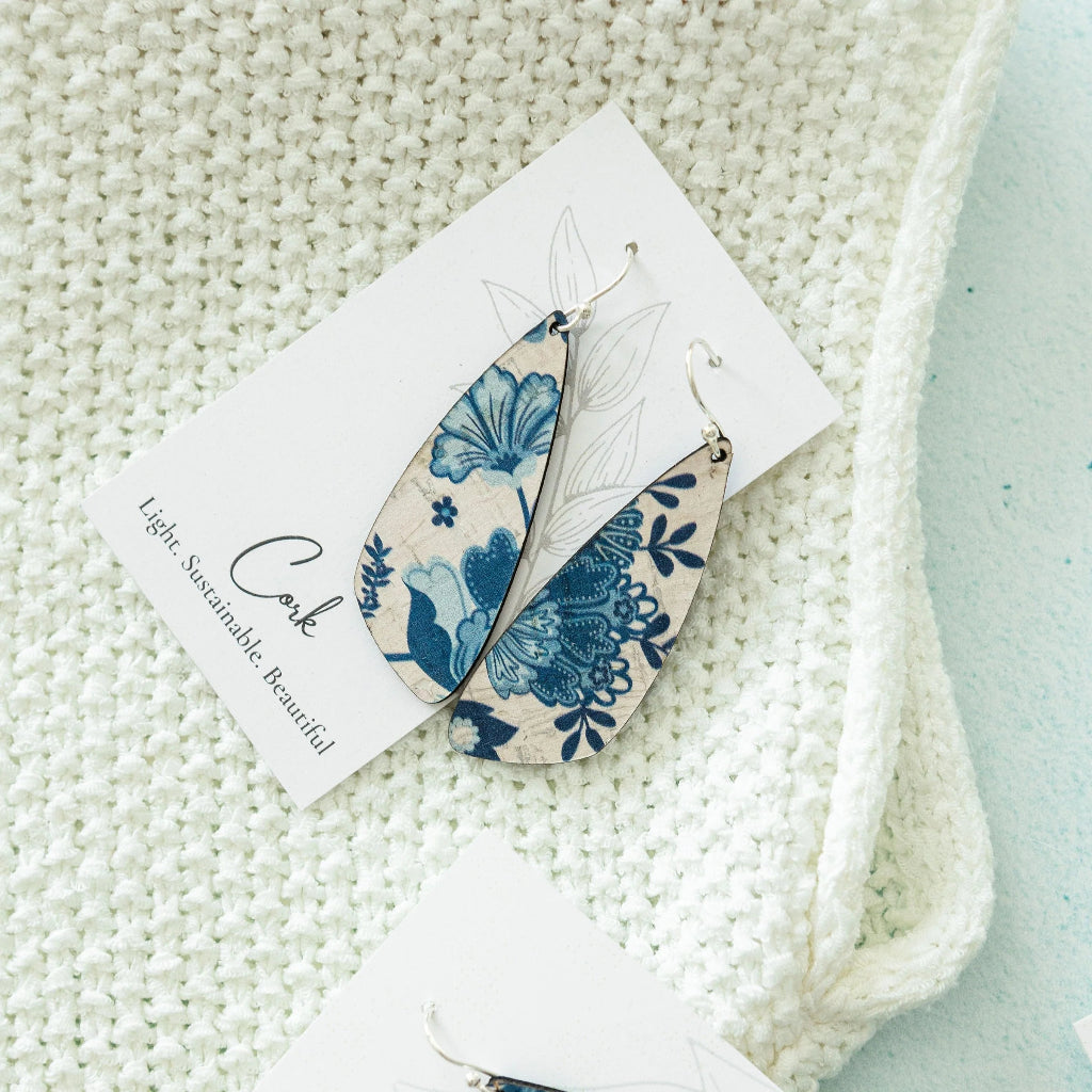 Blue and White Floral Small Wing Cork Earrings