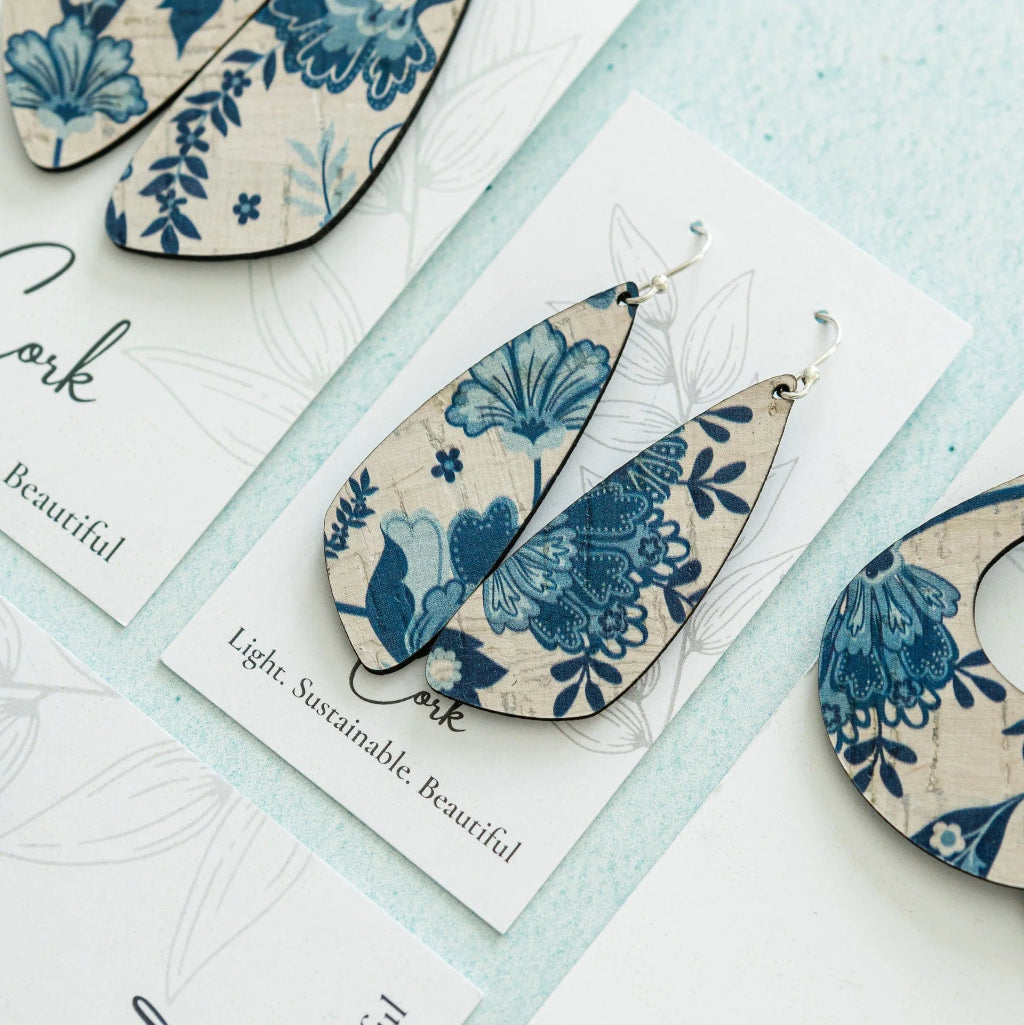 Blue and White Floral Small Wing Cork Earrings