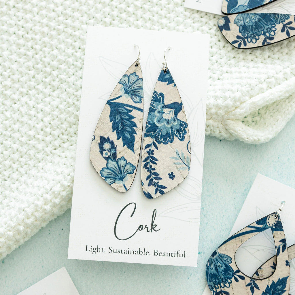 Blue and White Floral Wing Cork Earrings