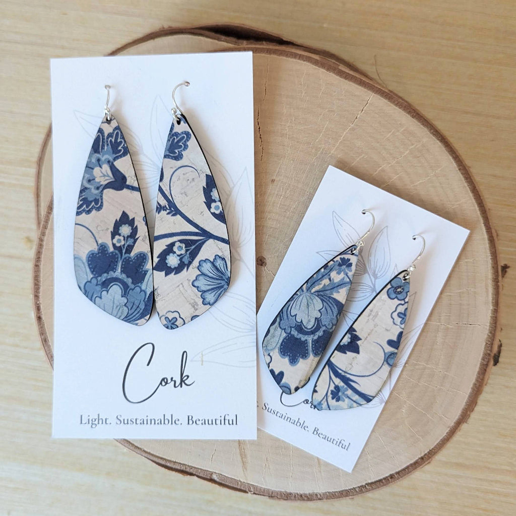 Blue and White Floral Wing Cork Earrings