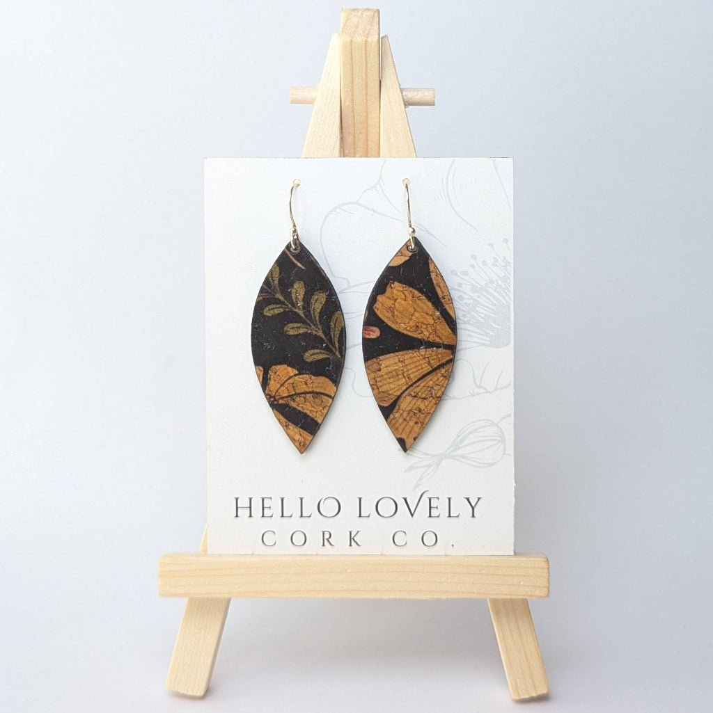 Floral on Black Small Leaf Cork Earrings