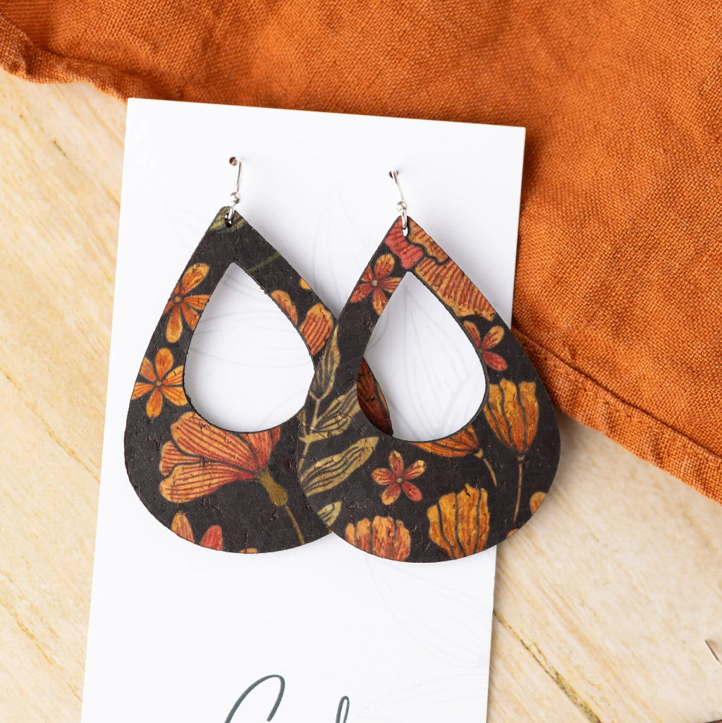Floral patterned earrings on a white card with an orange fabric background