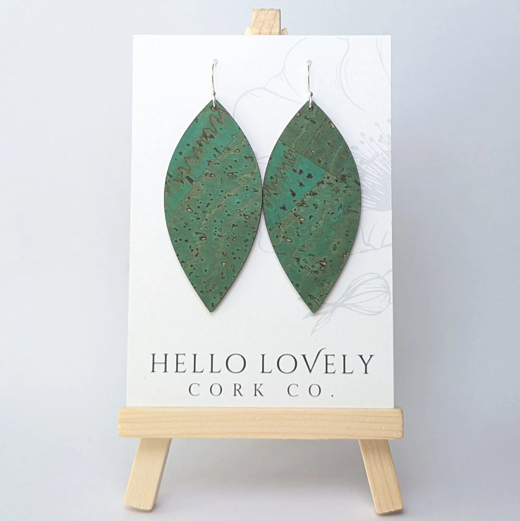 Green cork earrings on a card with 'Hello Lovely Cork Co.' branding