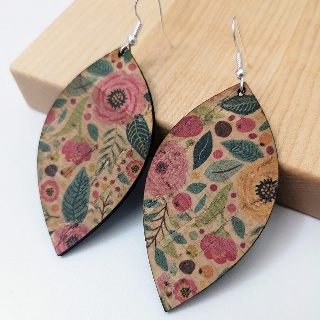 Hello Lovely Cork Co Green and Pink Floral Leaf Cork Earrings