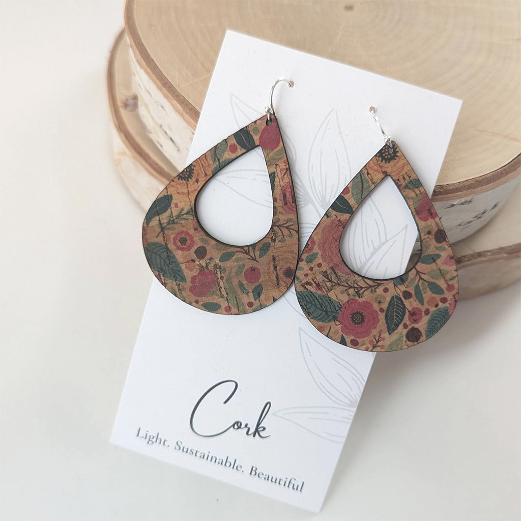 Hello Lovely Cork Co Green and Pink Floral Teardrop Cork Earrings
