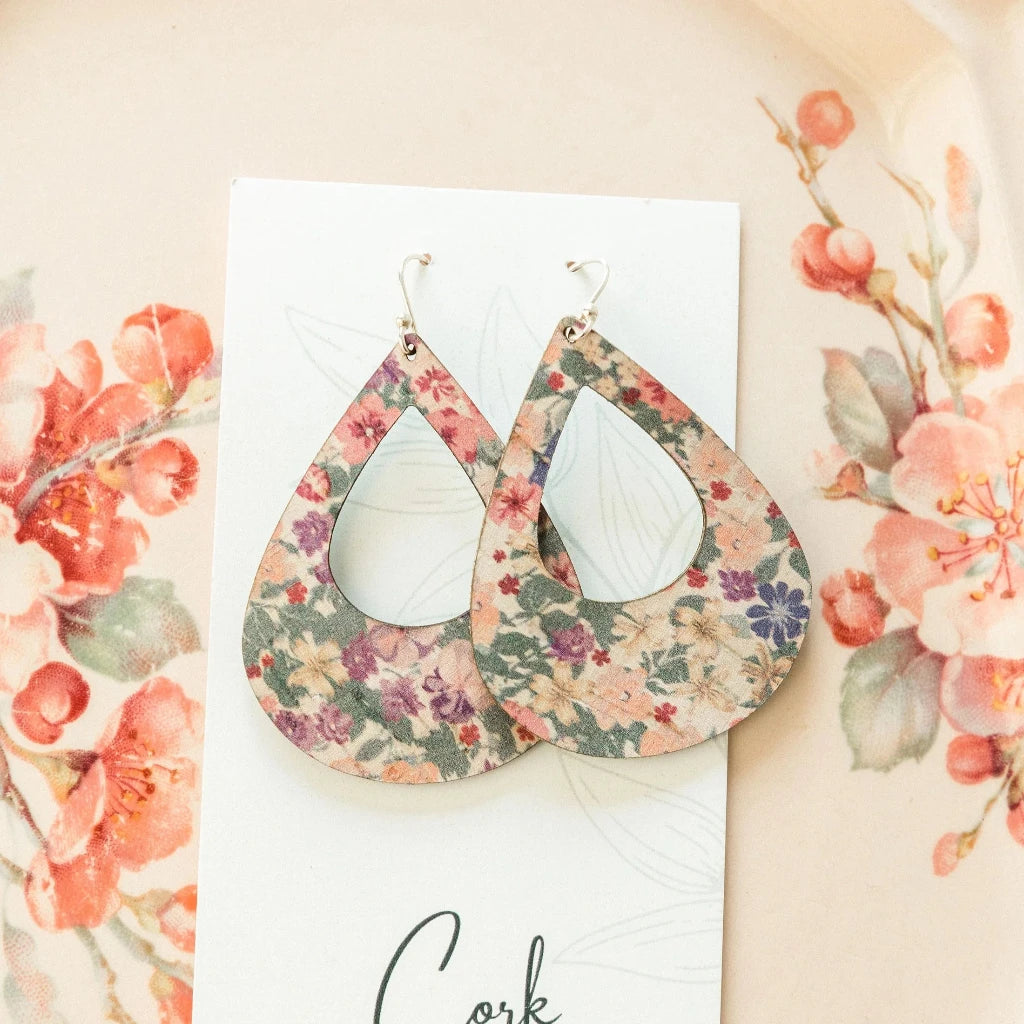 Hello Lovely Cork Co Pink Pansies Teardrop Cork Earrings
