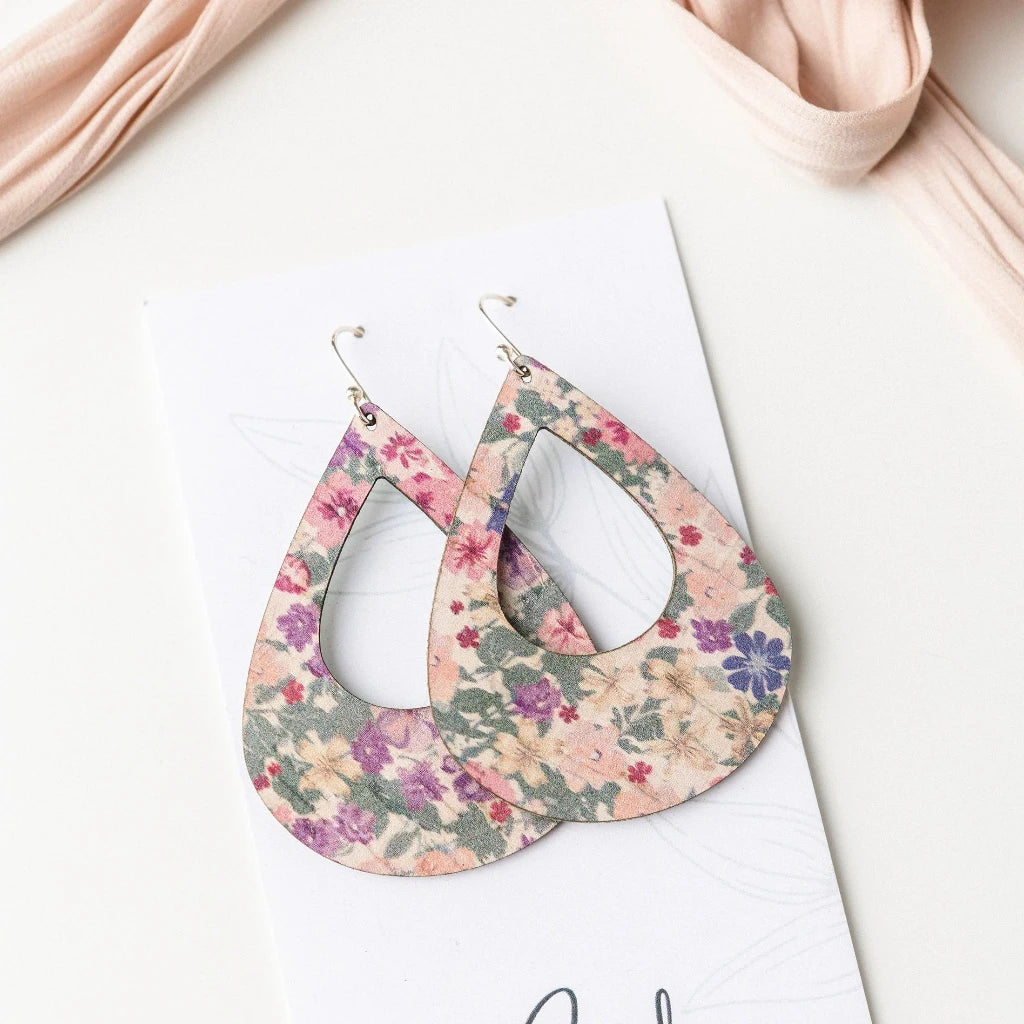 Hello Lovely Cork Co Pink Pansies Teardrop Cork Earrings