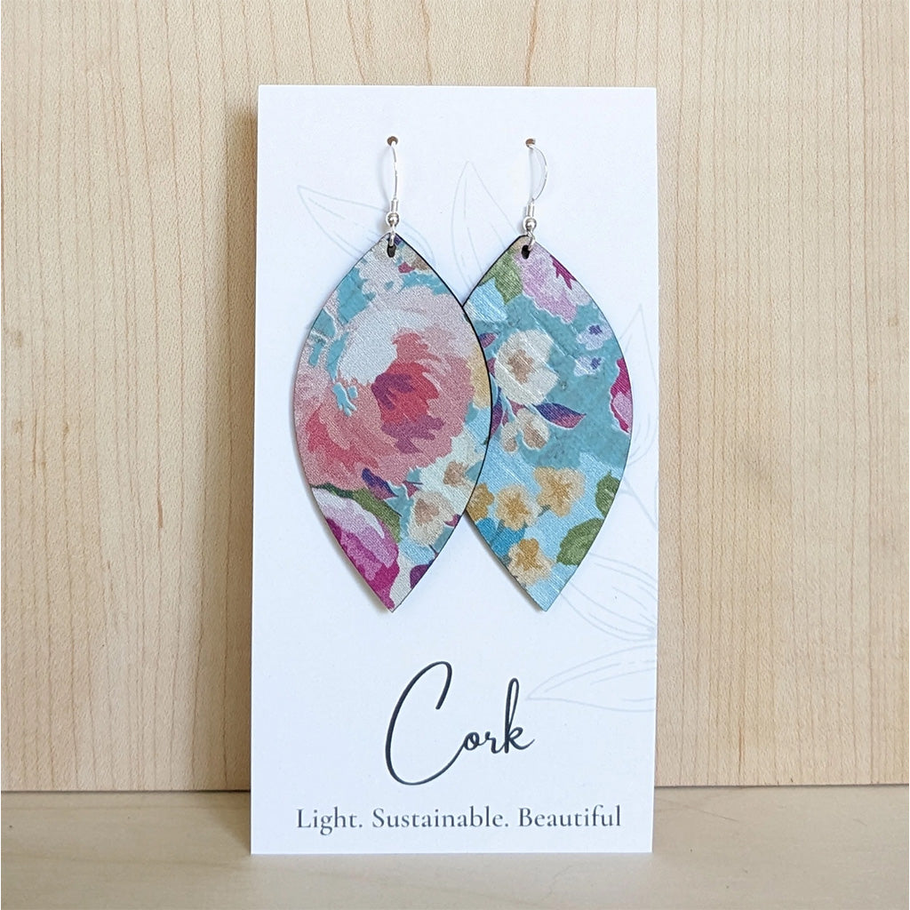 Hello Lovely Cork Co Spring Floral on Blue Leaf Cork Earrings