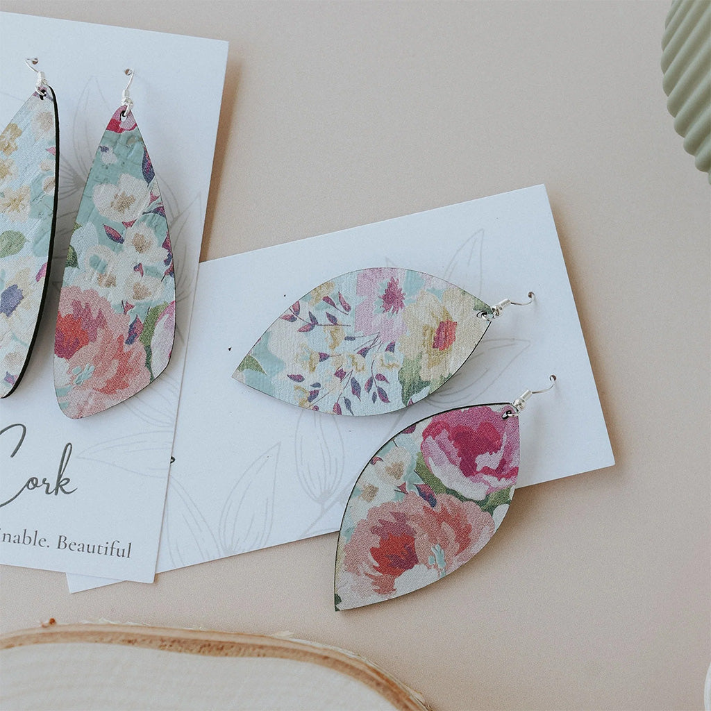 Hello Lovely Cork Co Spring Floral on Blue Leaf Cork Earrings