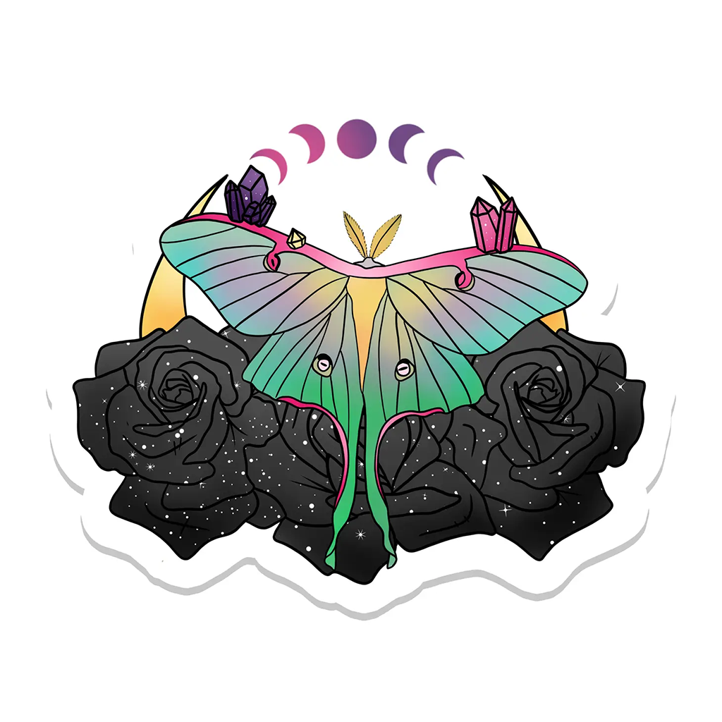 Rebel and Siren Luna Moth with Black Roses Sticker