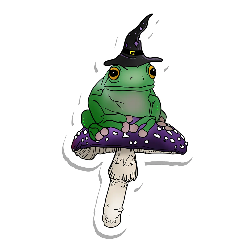 Rebel and Siren Magical Frog Witch on Purple Mushroom Sticker