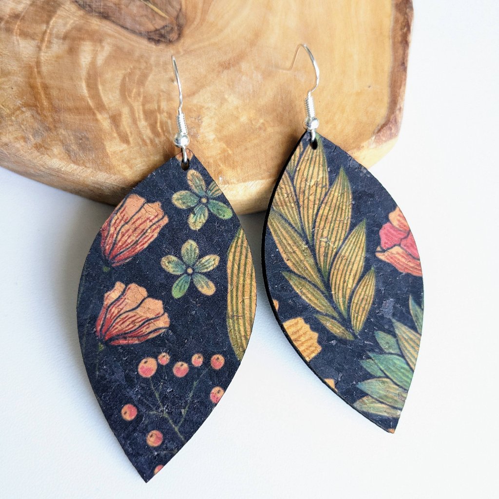 Plum Tree Handmade Floral on Black Leaf Cork Earrings