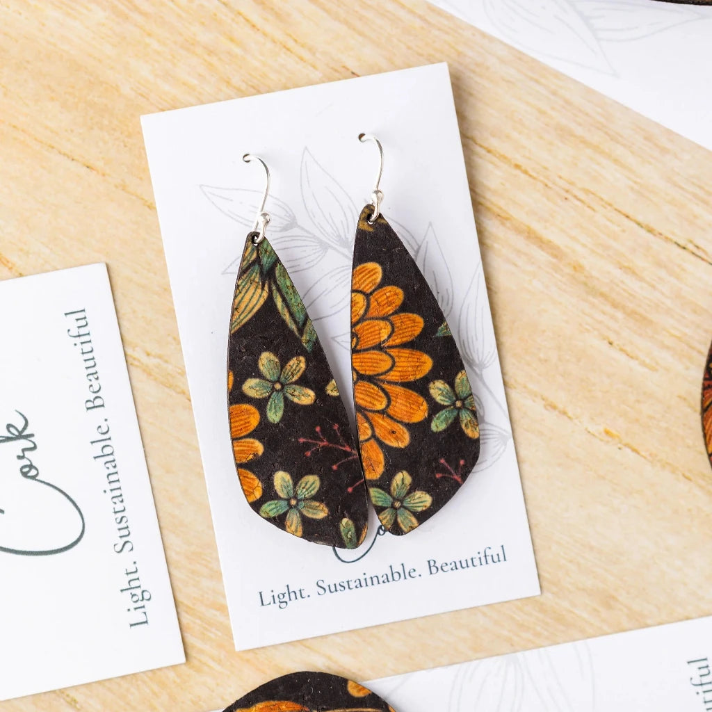 Plum Tree Handmade Floral on Black Small Wing Cork Earrings