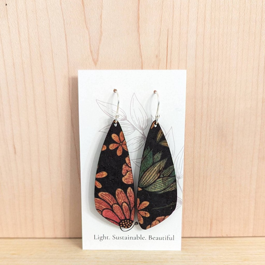 Plum Tree Handmade Floral on Black Small Wing Cork Earrings