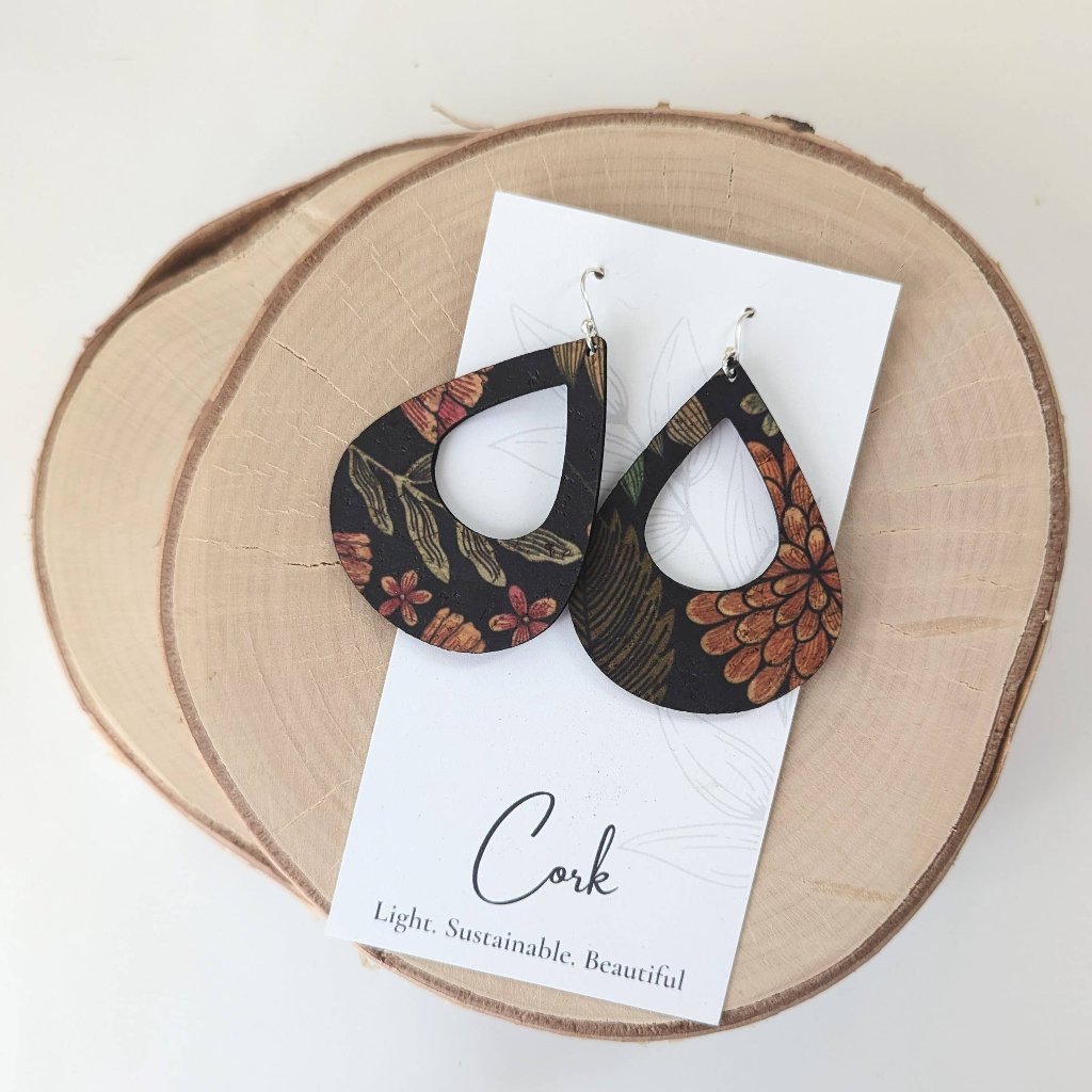 Plum Tree Handmade Floral on Black Teardrop Cork Earrings