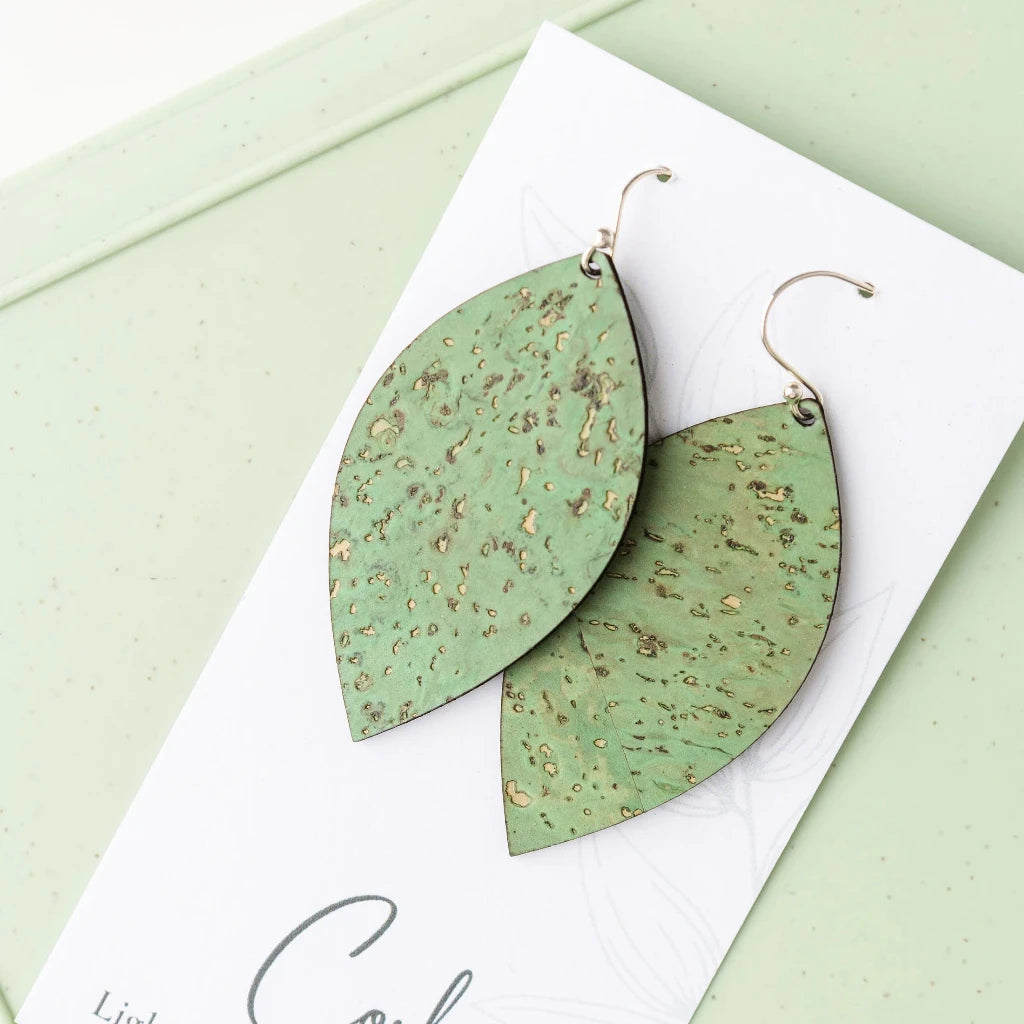 Plum Tree Handmade Grass Green Leaf Cork Earrings