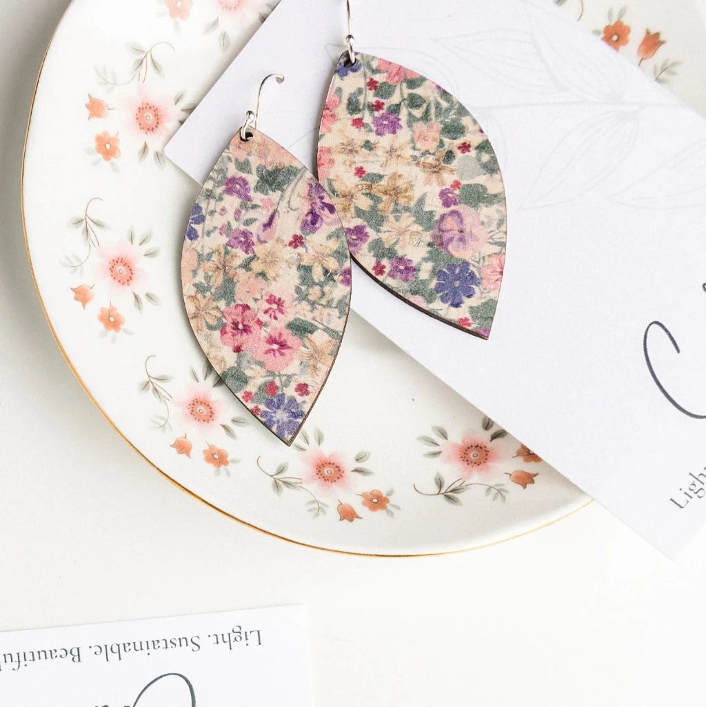 Plum Tree Handmade Pink Pansies Leaf Cork Earrings