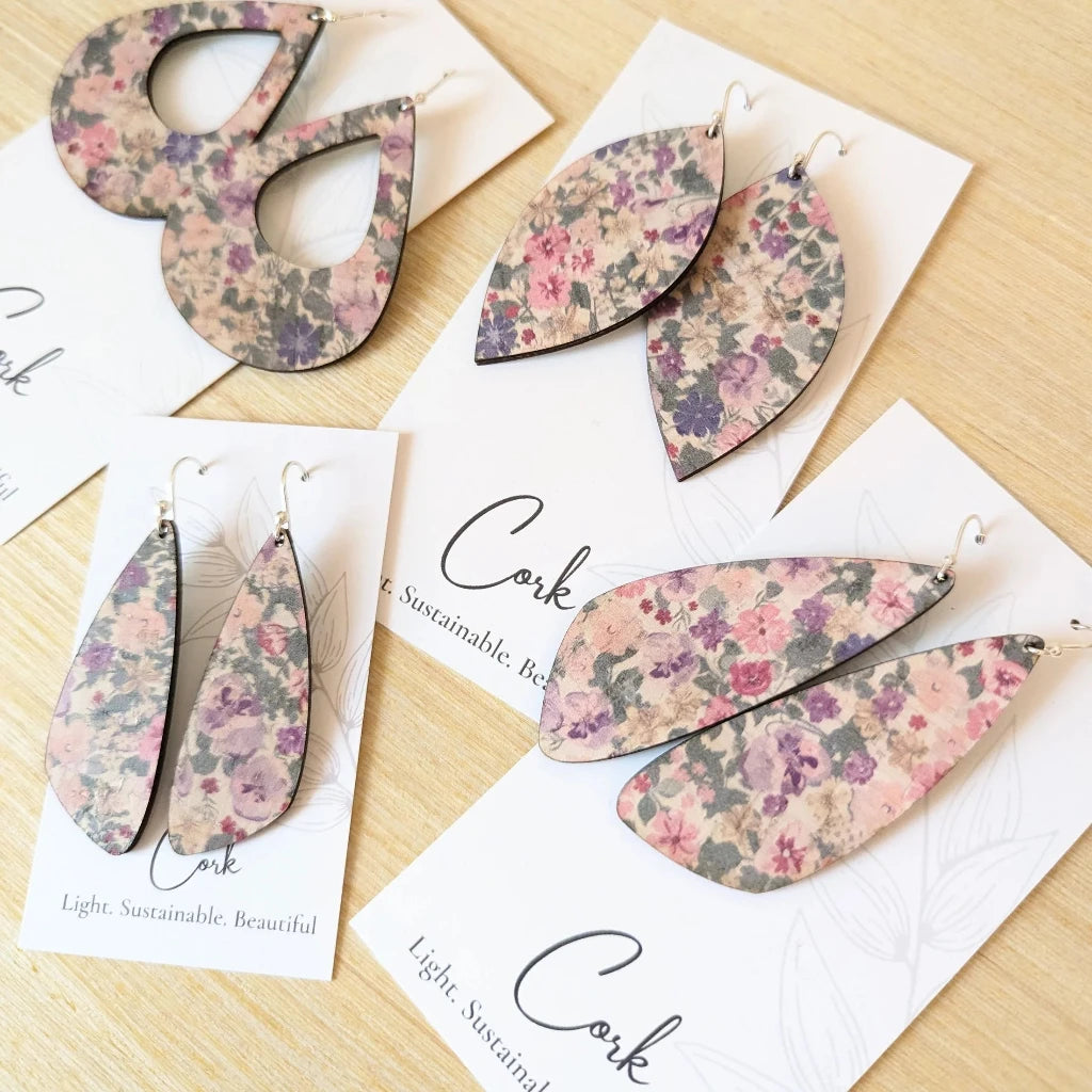 Plum Tree Handmade Pink Pansies Leaf Cork Earrings