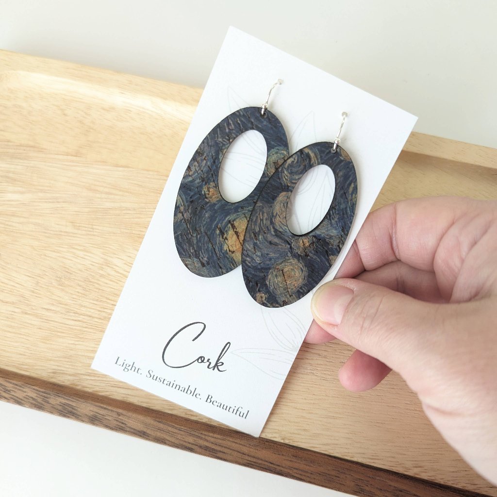 Plum Tree Handmade Starry Night Oval Cork Earrings