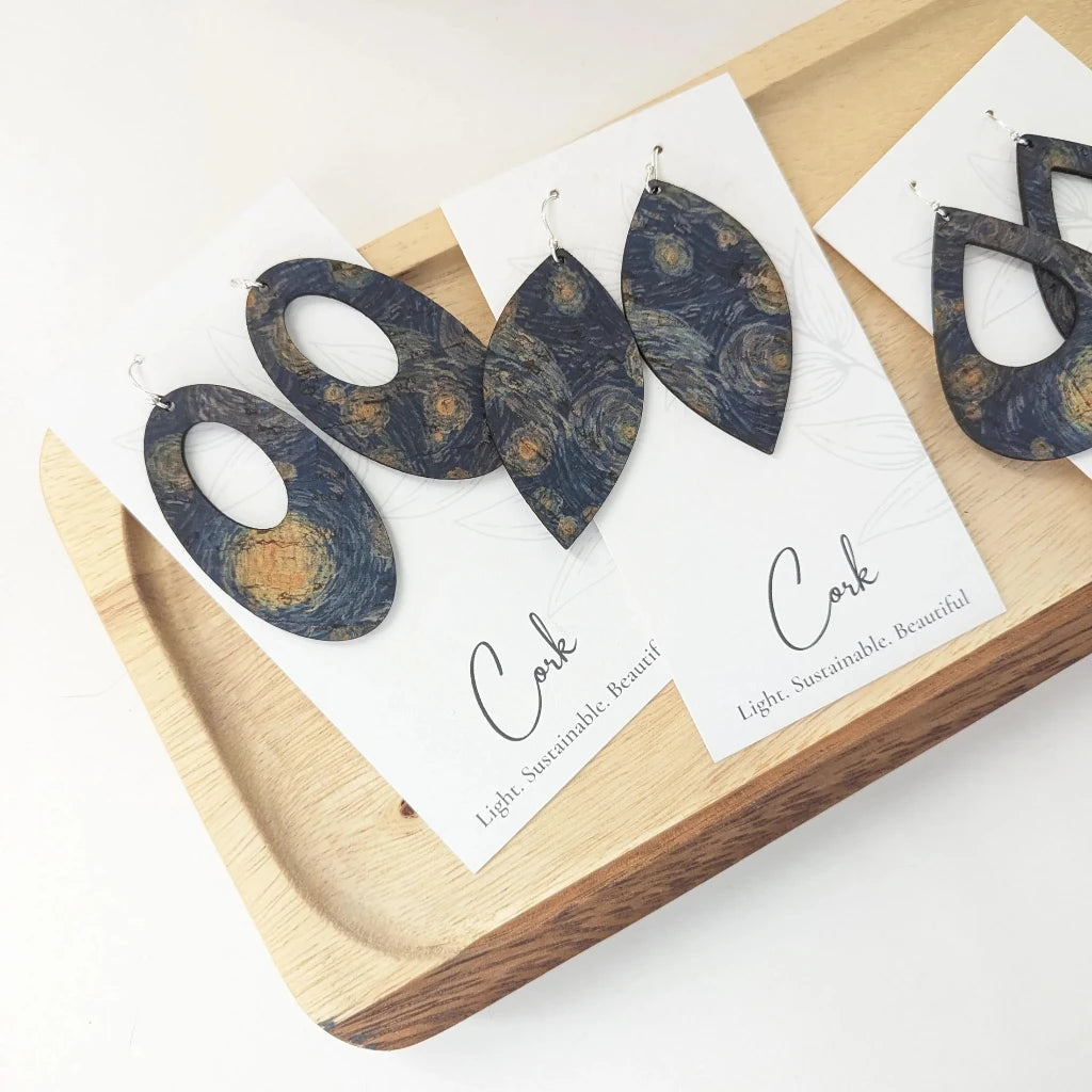 Plum Tree Handmade Starry Night Oval Cork Earrings