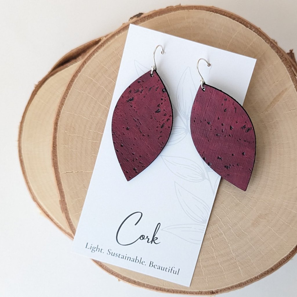 Plum Tree Handmade Wine Red Leaf Cork Earrings