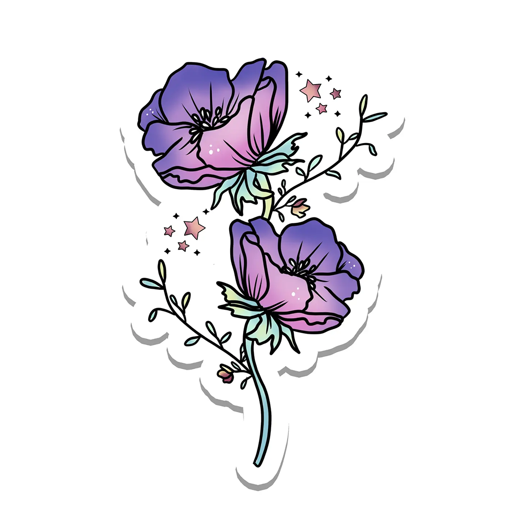 Rebel and Siren Purple Flowers with Stars Sticker