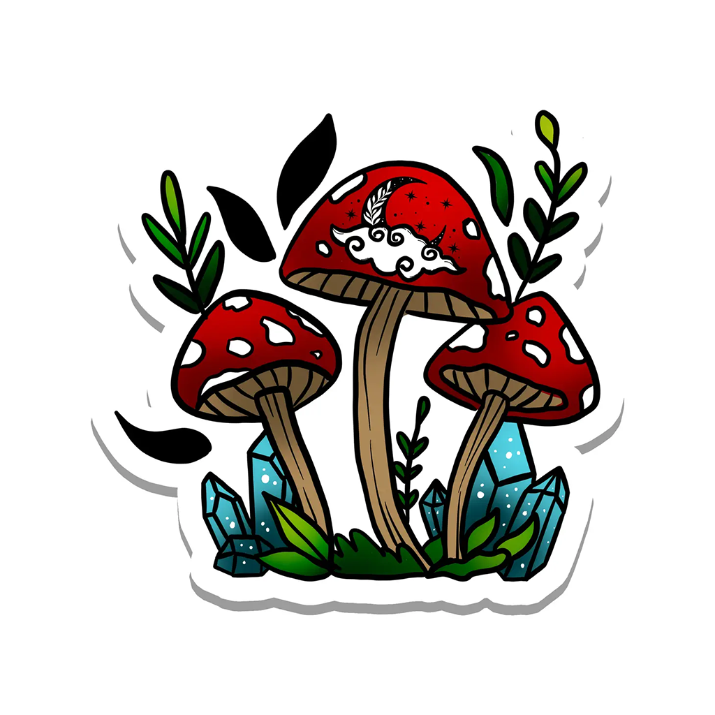 Rebel and Siren Red Mushrooms and Moon Sticker