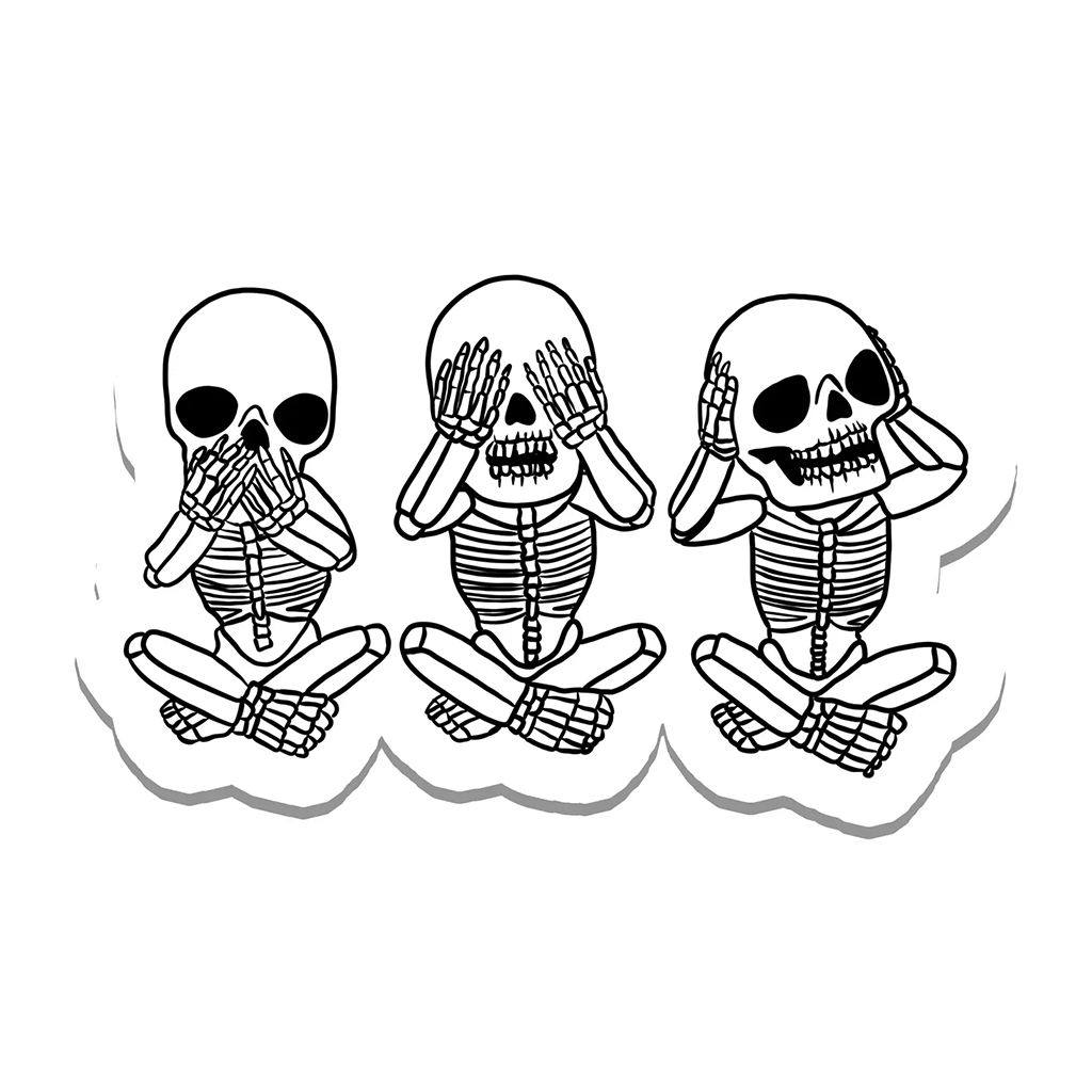 Rebel and Siren Spooky Cute See, Hear, Speak No Evil Skeleton Sticker