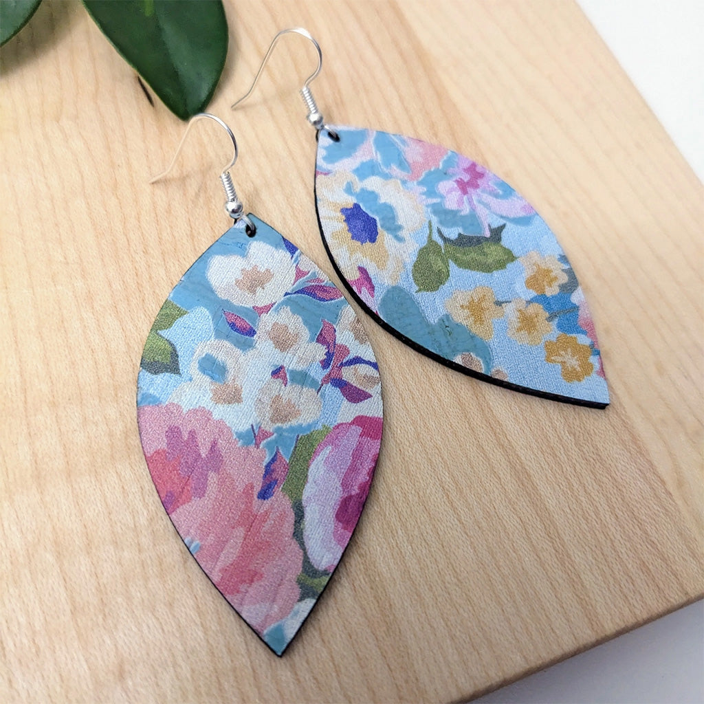 Plum Tree Handmade Spring Floral on Blue Leaf Cork Earrings