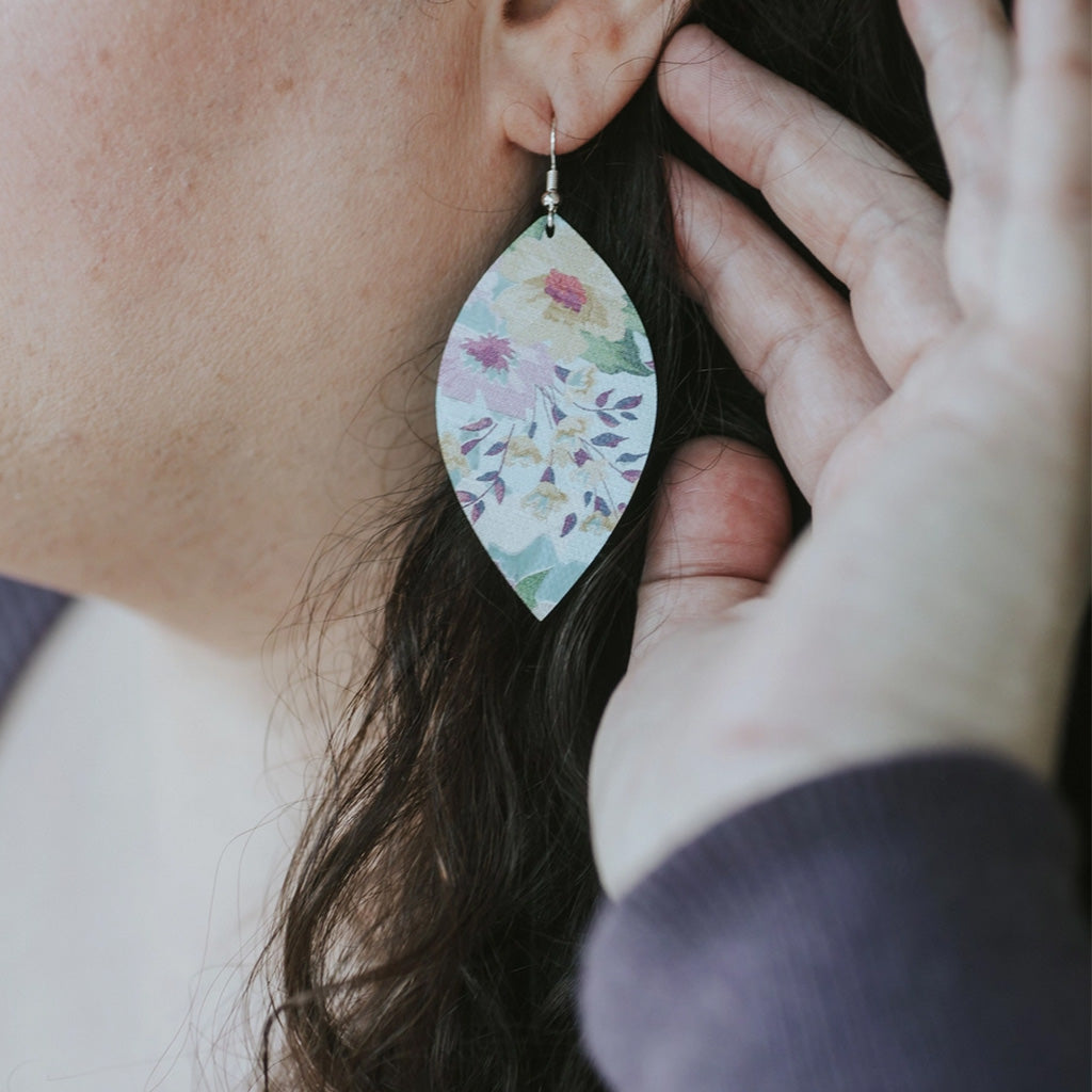 Plum Tree Handmade Spring Floral on Blue Leaf Cork Earrings