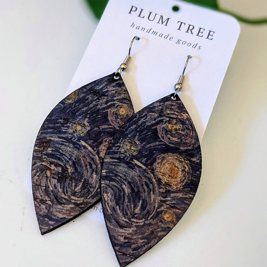 Plum Tree Handmade Starry Night Leaf Cork Earrings